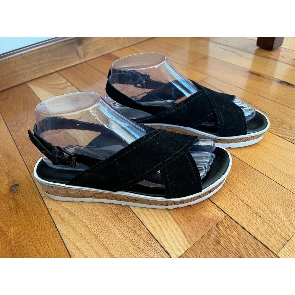 Marc Fisher Glitze Wedge Sport Sandal Black White & Cork Open Toe Suede 7M